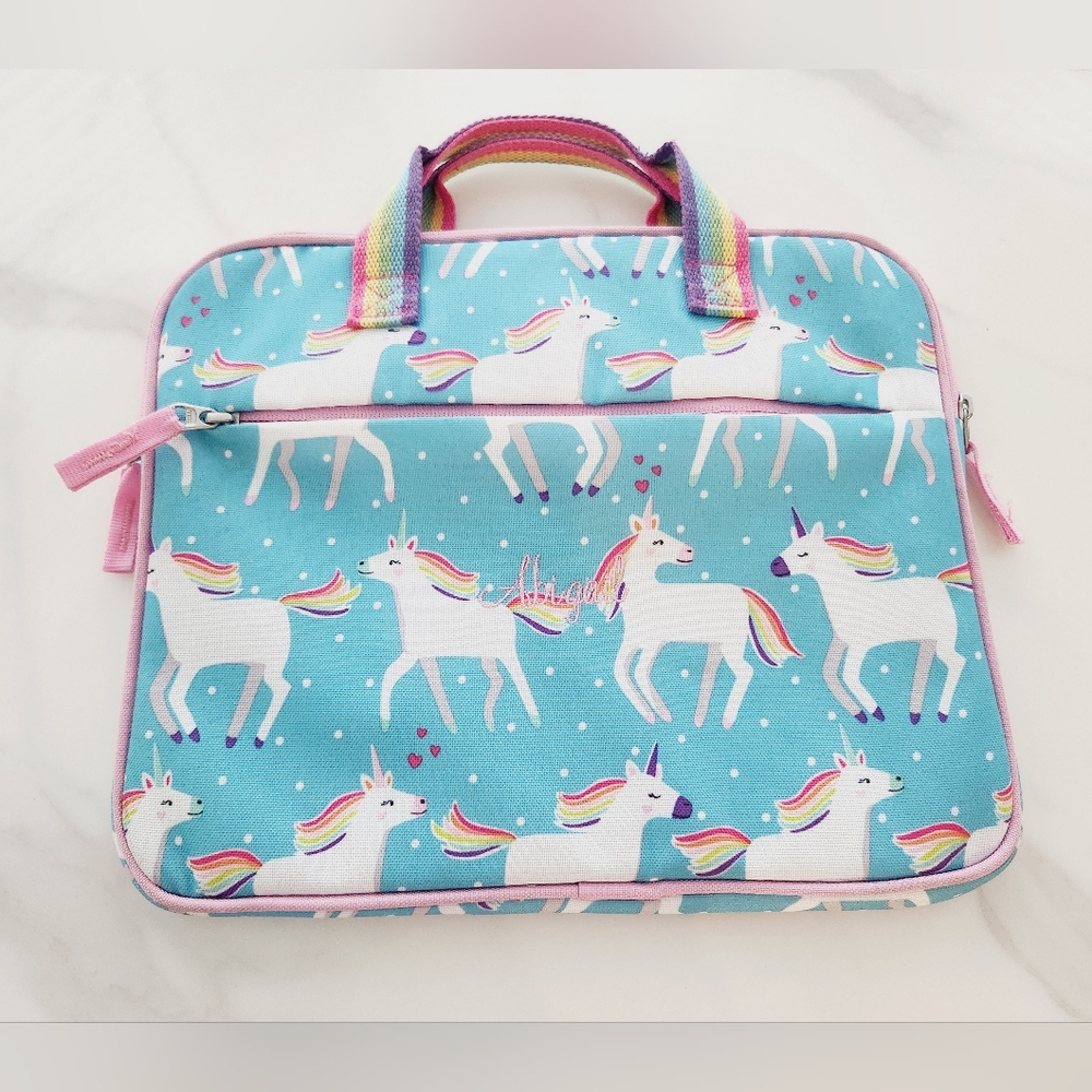 Pottery Barn Kids Mackenzie Aqua Unicorn Parade Tablet Case, Abigail Monogram
